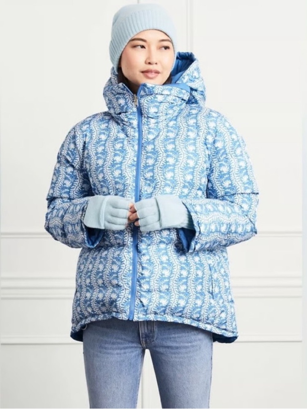 Hill House Home Edie Reversible Puffer Jacket Blue & White Floral XS